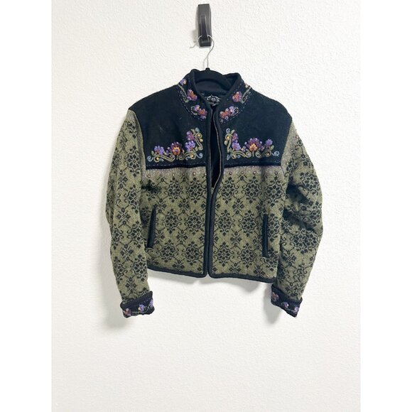 Icelandic Design Sweaters - Icelandic Design Wool Sweater Jacket Cropped Floral Embroidered Full Zip Small